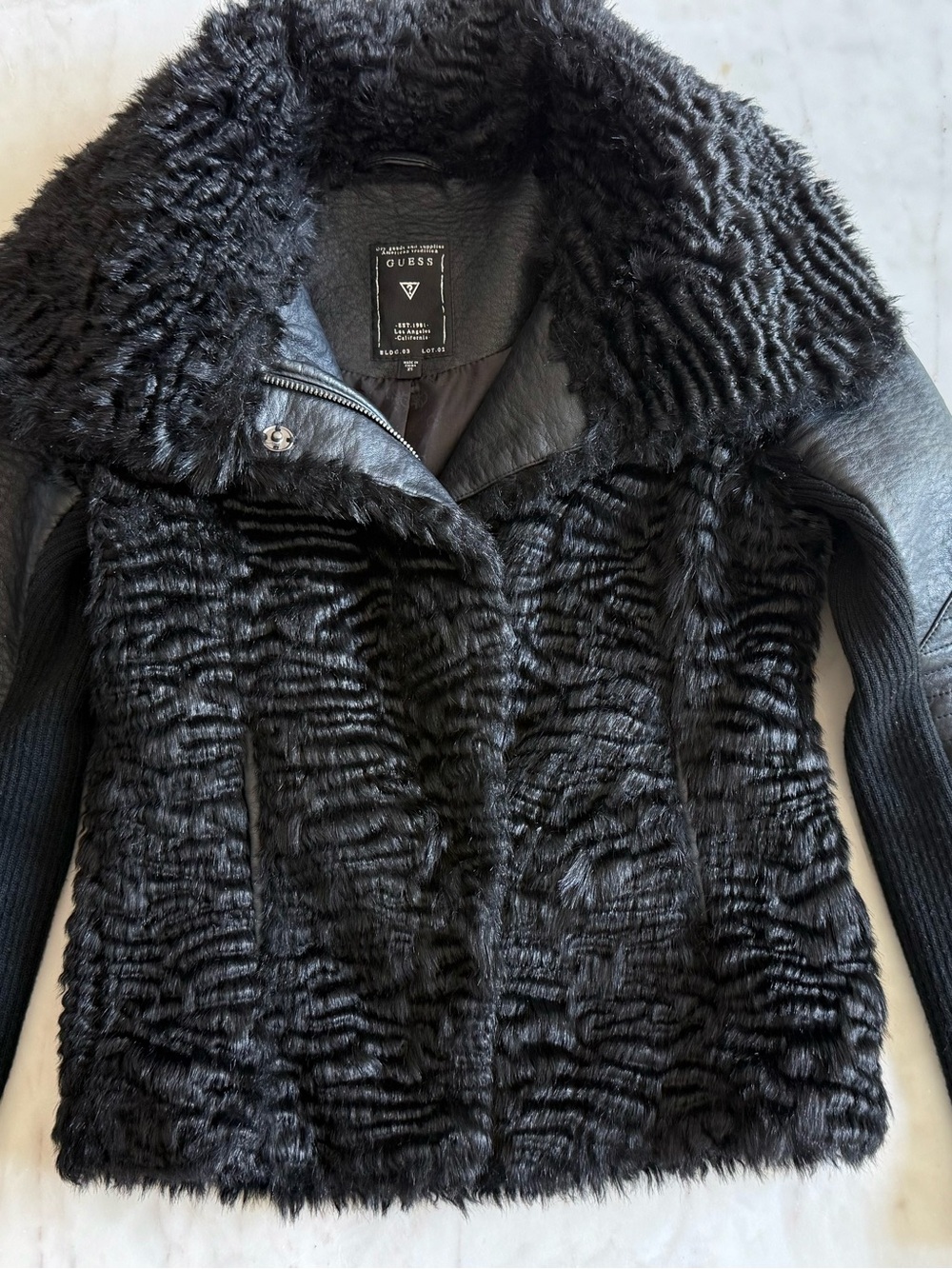 GUESS Black Faux Fur Teddy Jacket with Ribbed Sleeves